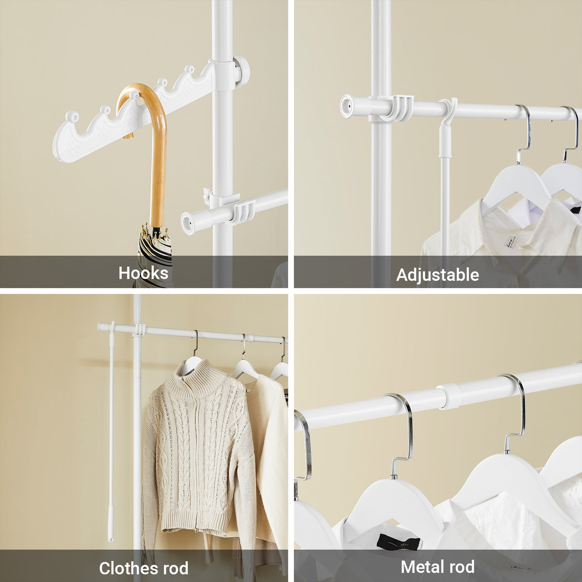 SoBuy KLS03-II-W, Telescopic Clothes Rail, Heavy Duty Clothes Rack, Adjustable Open Wardrobe with Hanging Rails for Bedroom, Walk-in Closet White