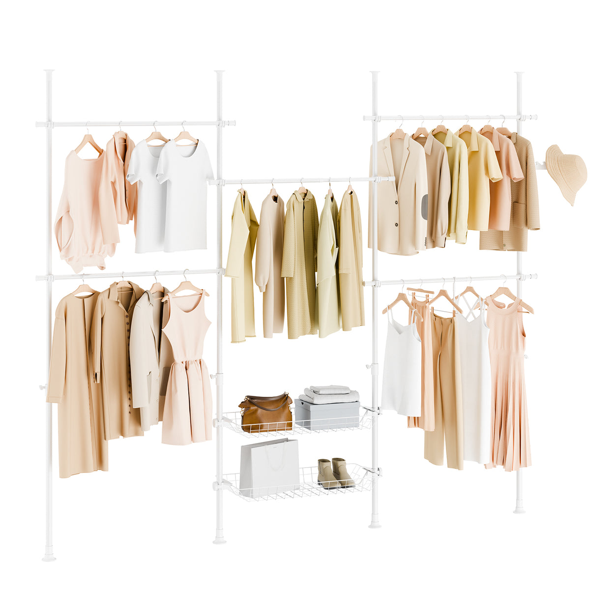 SoBuy KLS04-II-W, Telescopic Clothes Rail with Adjustable L-Shaped or One-Line Shape Heavy Duty Clothes Rack with Hanging Rails & Storage Shelves, Flexible Open Wardrobe for Walk-in Closet, White