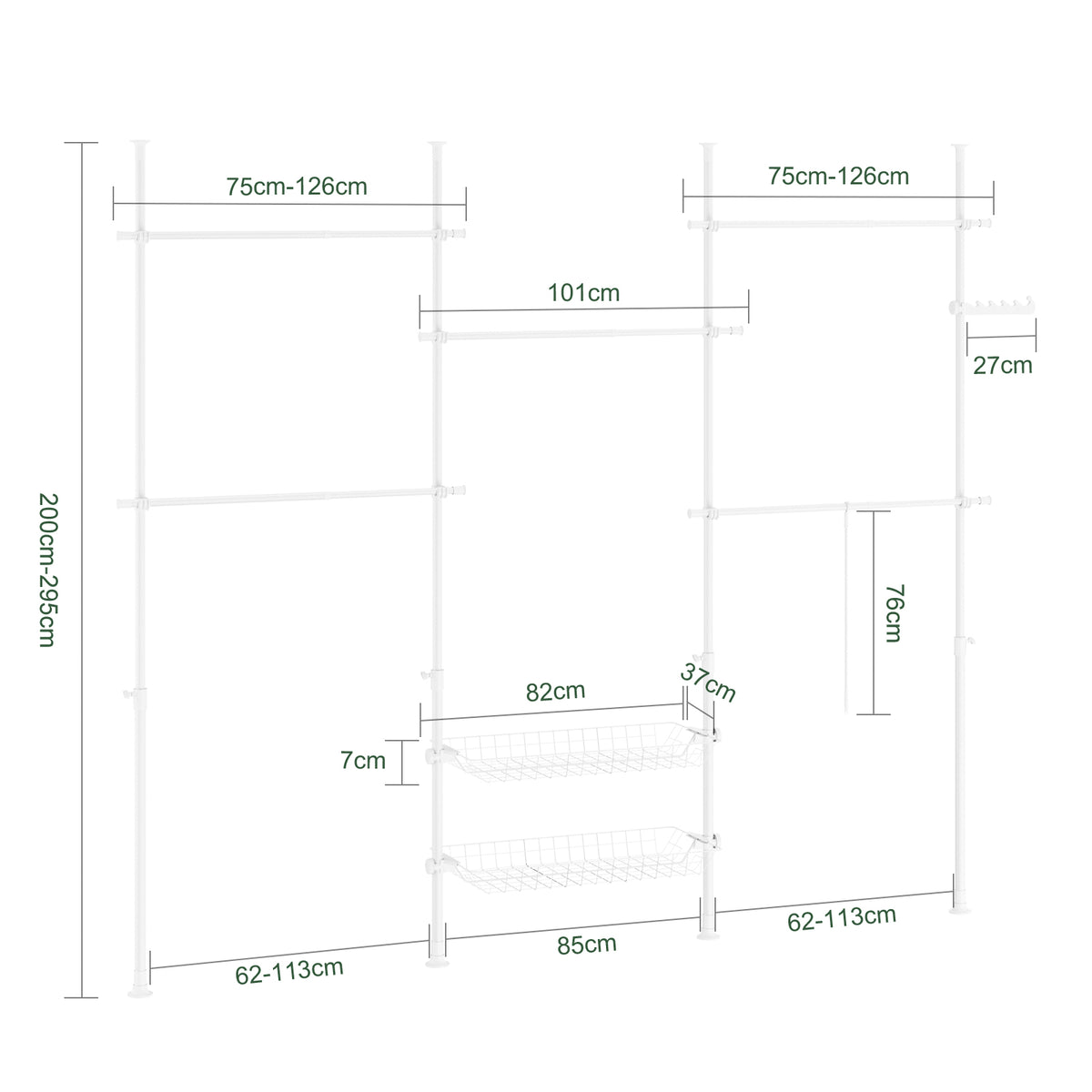 SoBuy KLS04-II-W, Telescopic Clothes Rail with Adjustable L-Shaped or One-Line Shape Heavy Duty Clothes Rack with Hanging Rails & Storage Shelves, Flexible Open Wardrobe for Walk-in Closet, White