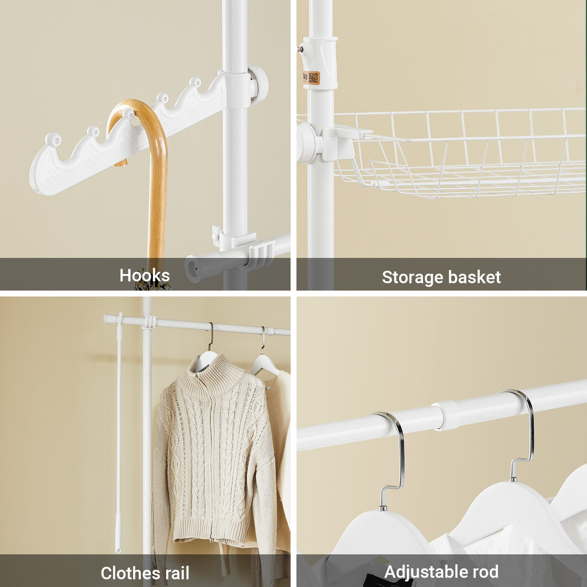 SoBuy KLS04-II-W, Telescopic Clothes Rail with Adjustable L-Shaped or One-Line Shape Heavy Duty Clothes Rack with Hanging Rails & Storage Shelves, Flexible Open Wardrobe for Walk-in Closet, White