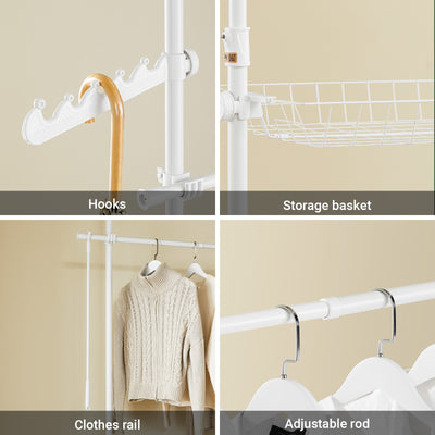 SoBuy KLS04-II-W, Telescopic Clothes Rail with Adjustable L-Shaped or One-Line Shape Heavy Duty Clothes Rack with Hanging Rails & Storage Shelves, Flexible Open Wardrobe for Walk-in Closet, White