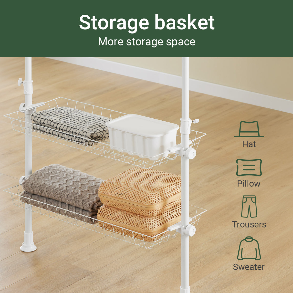 SoBuy KLS04-II-W, Telescopic Clothes Rail with Adjustable L-Shaped or One-Line Shape Heavy Duty Clothes Rack with Hanging Rails & Storage Shelves, Flexible Open Wardrobe for Walk-in Closet, White