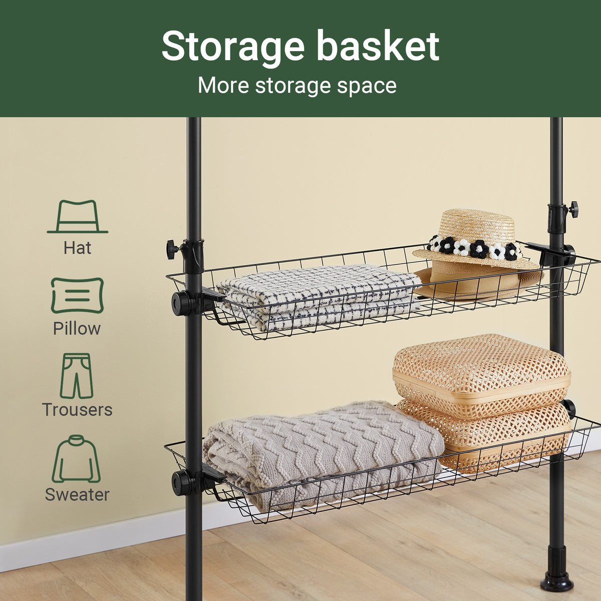 SoBuy KLS04-II-SCH, Telescopic Clothes Rail, Heavy Duty Clothes Rack, Adjustable Open Wardrobe with Hanging Rails & Shelves for Bedroom, Walk-in Closet Black