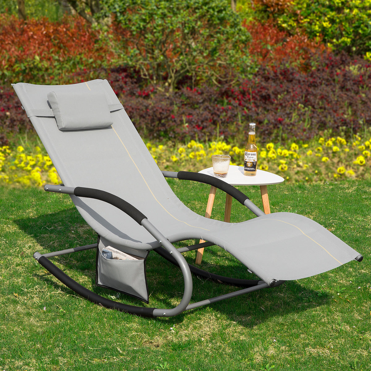 SoBuy OGS28-HGx2, Set of 2 Outdoor Garden Rocking Sun Lounger Recliner Relaxing Chair with Headrest and Side Bag, Grey