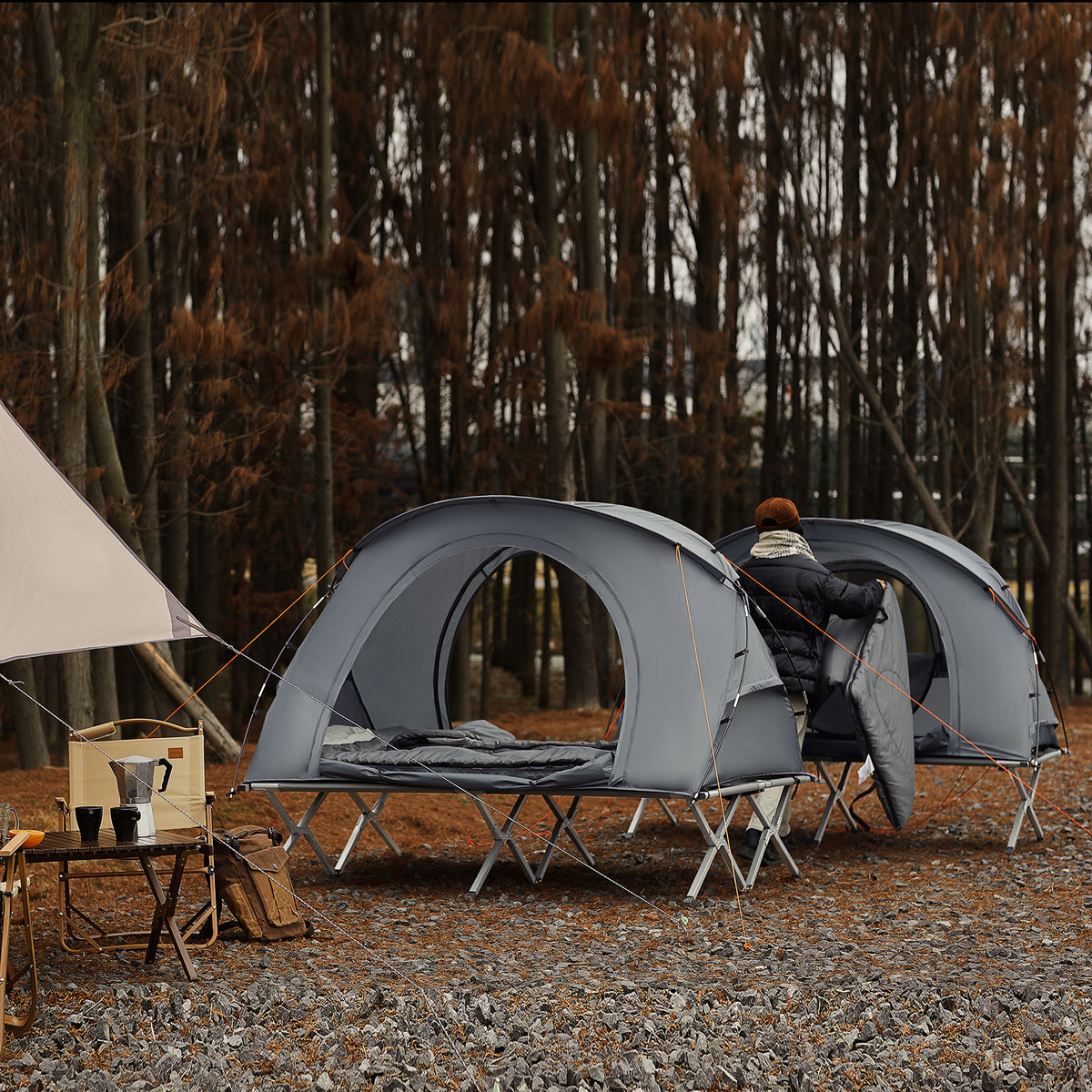 SoBuy OGS60-L-HG, 2 Person Camping Bed Foldable Camping Tent with Bed, Mattress, Sleeping Bag and Carrying Bag, Grey