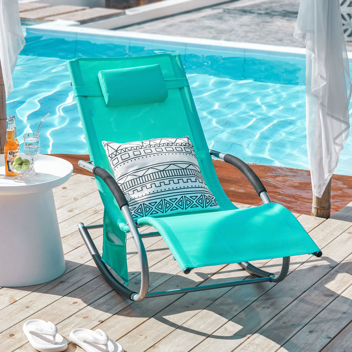 SoBuy OGS28-TB, Outdoor Garden Rocking Sun Lounger Recliner Relaxing Chair with Headrest and Side Bag, Turquoise