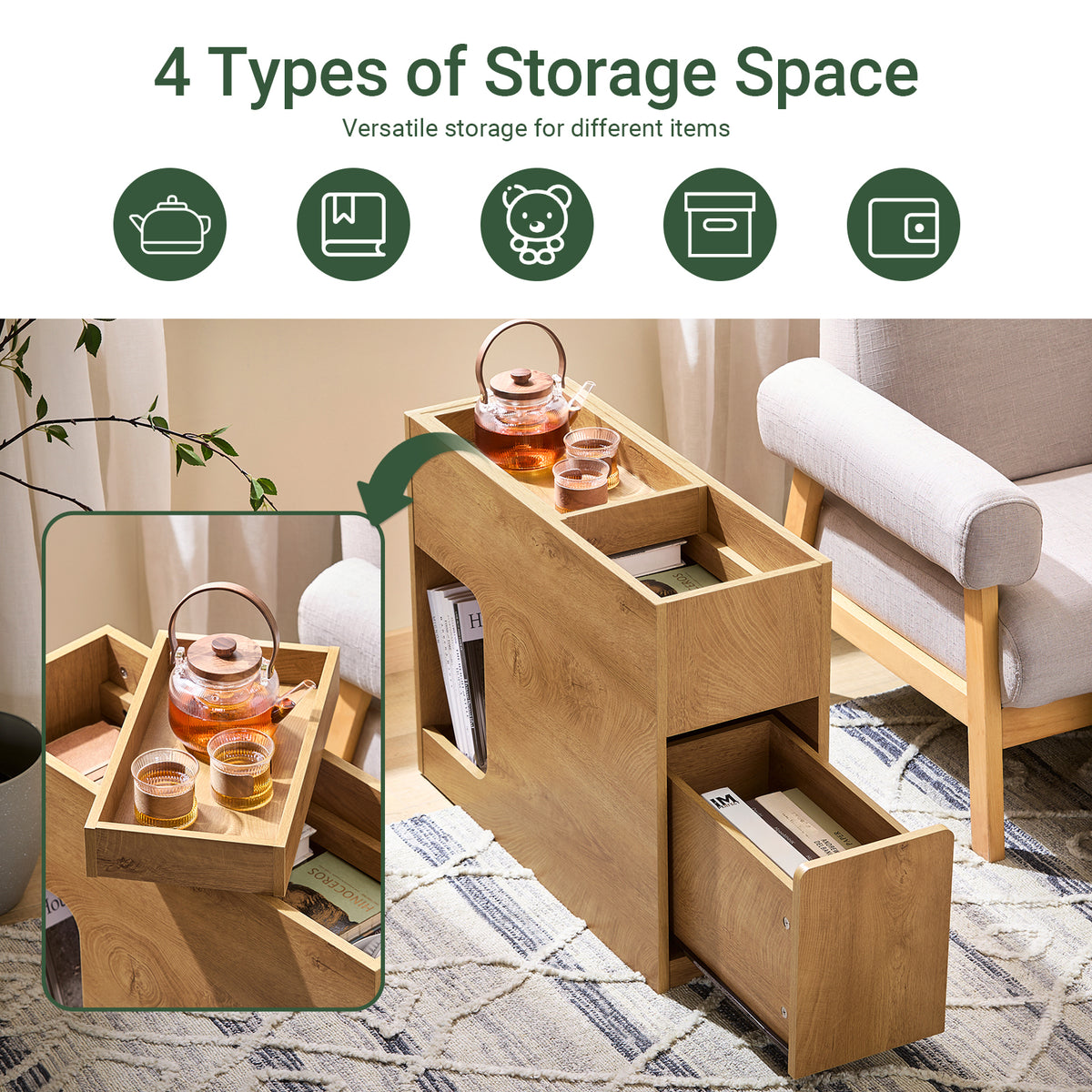 SoBuy FBT158-N Slim Sofa Side Table with Removable Tray & Drawer – 25cm Wide, Living Room & Bedroom End Table, Wood