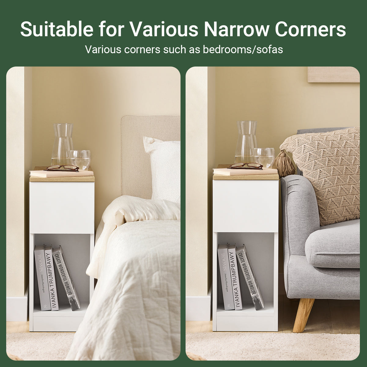 SoBuy FBT162-WN 25cm Wide Narrow Bedside Table Nightstand Side End Table White & Natural W25 x D65 x H60cm