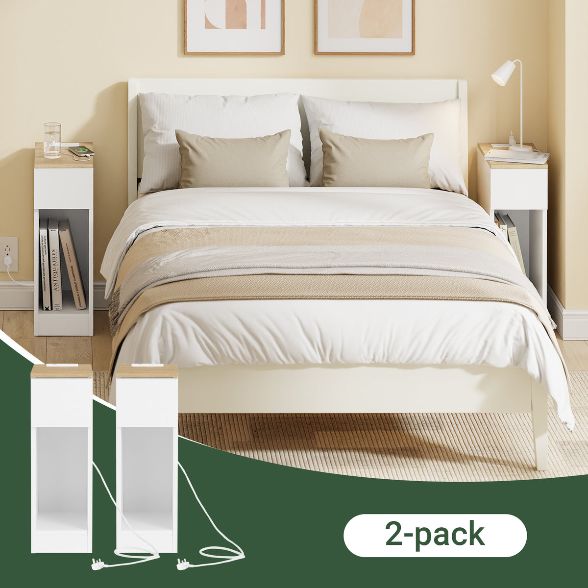 SoBuy FBT111-E-WN-UKx2 Set of 2 Slim Bedside Table with Charging Station Narrow Side Table Nightstand with a Standard Outlet, a USB Port and a Type-C Port for Bedroom Living Room White W20 x D35 x H60cm