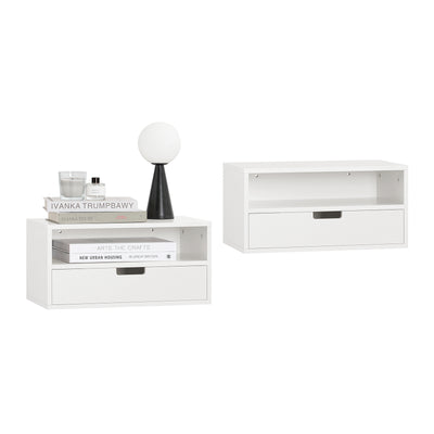 SoBuy NKD03-Wx2, Set of 2 Floating Bedside Table – Space-Saving Wall Shelf with Drawer & Open Shelf, Wall-Mounted Nightstand for Bedroom, W45 x D25 x H22cm, White