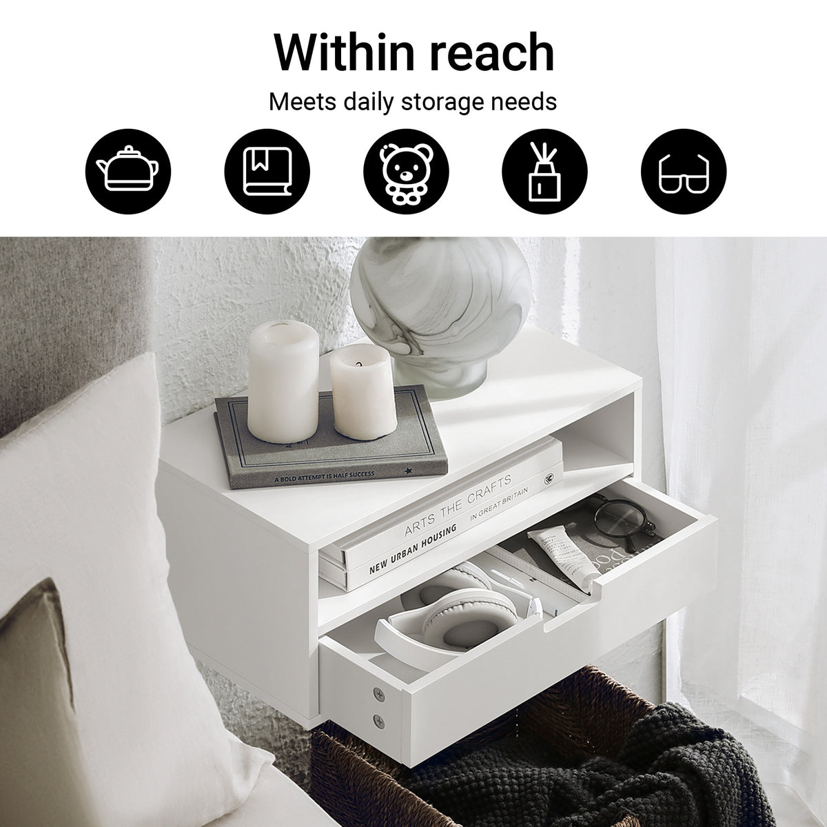 SoBuy NKD03-Wx2, Set of 2 Floating Bedside Table – Space-Saving Wall Shelf with Drawer & Open Shelf, Wall-Mounted Nightstand for Bedroom, W45 x D25 x H22cm, White