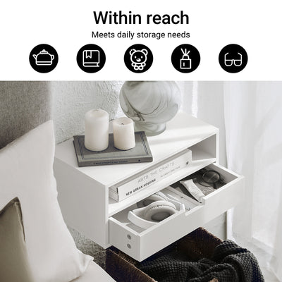 SoBuy NKD03-Wx2, Set of 2 Floating Bedside Table – Space-Saving Wall Shelf with Drawer & Open Shelf, Wall-Mounted Nightstand for Bedroom, W45 x D25 x H22cm, White
