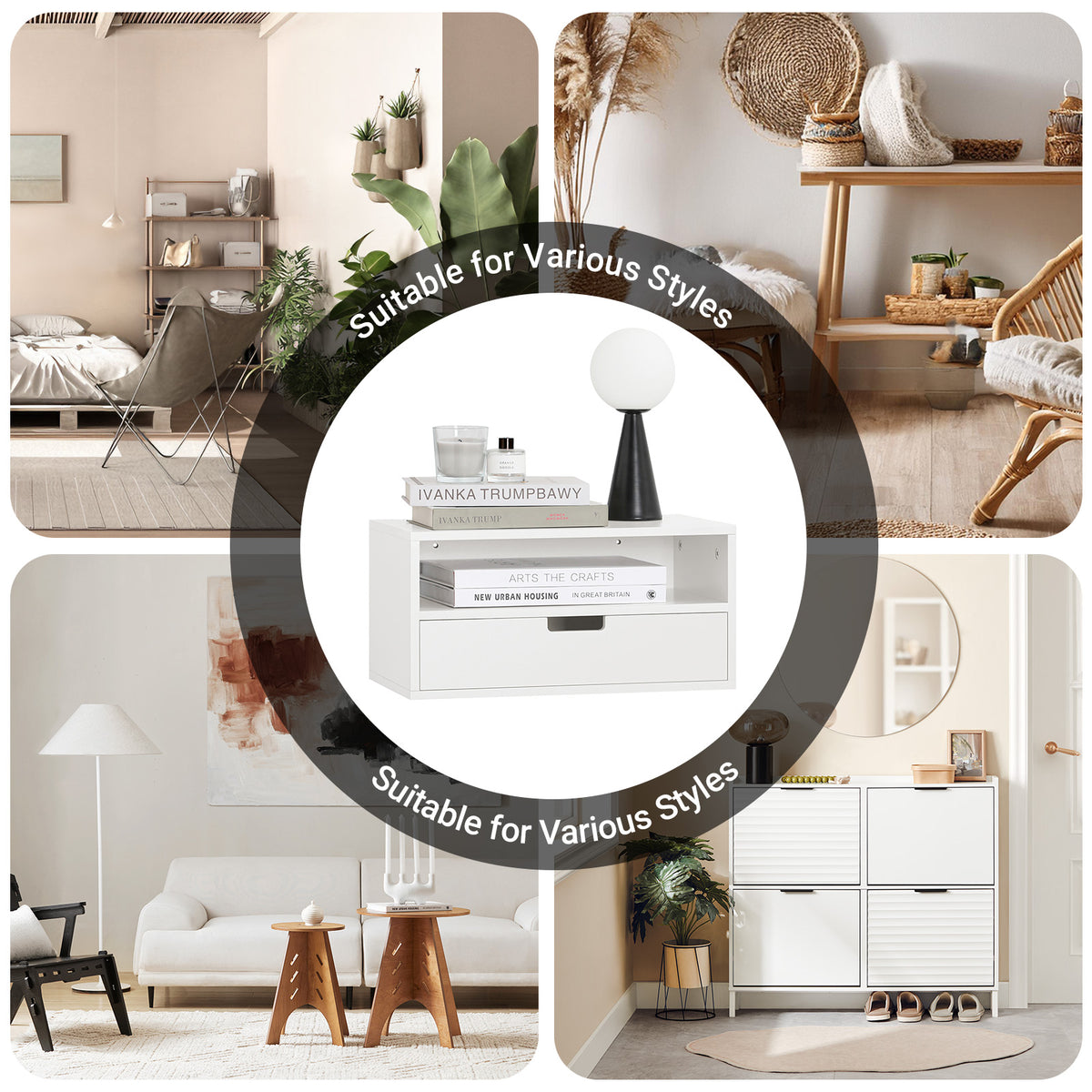SoBuy NKD03-Wx2, Set of 2 Floating Bedside Table – Space-Saving Wall Shelf with Drawer & Open Shelf, Wall-Mounted Nightstand for Bedroom, W45 x D25 x H22cm, White