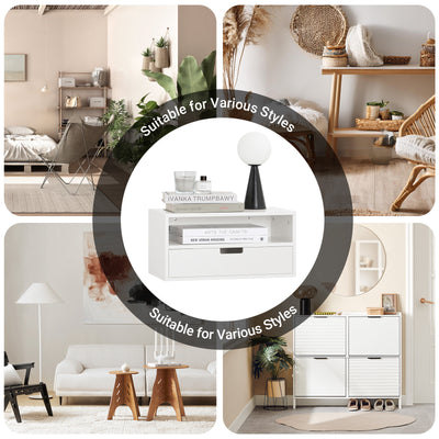 SoBuy NKD03-Wx2, Set of 2 Floating Bedside Table – Space-Saving Wall Shelf with Drawer & Open Shelf, Wall-Mounted Nightstand for Bedroom, W45 x D25 x H22cm, White