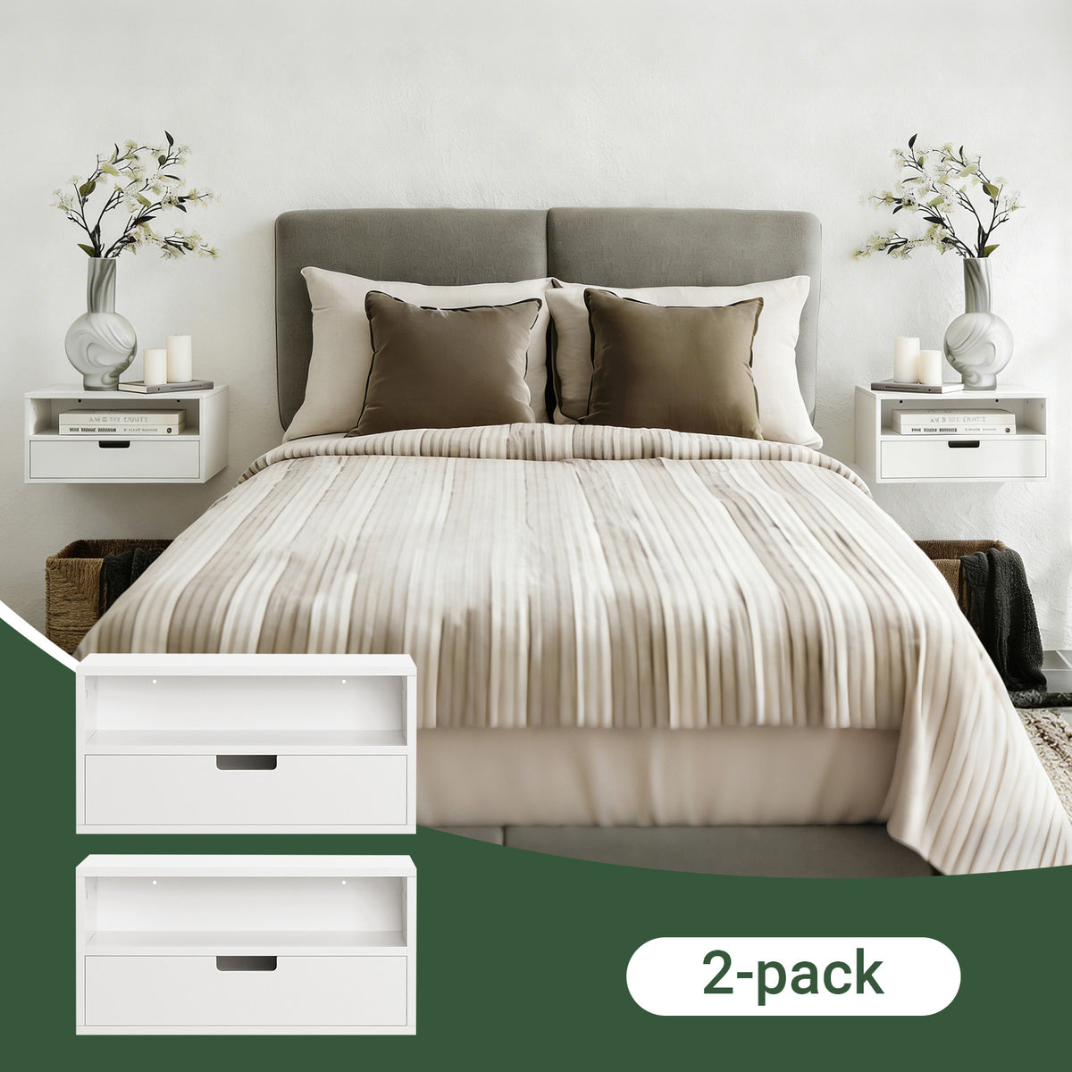 SoBuy NKD03-Wx2, Set of 2 Floating Bedside Table – Space-Saving Wall Shelf with Drawer & Open Shelf, Wall-Mounted Nightstand for Bedroom, W45 x D25 x H22cm, White