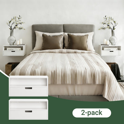 SoBuy NKD03-Wx2, Set of 2 Floating Bedside Table – Space-Saving Wall Shelf with Drawer & Open Shelf, Wall-Mounted Nightstand for Bedroom, W45 x D25 x H22cm, White