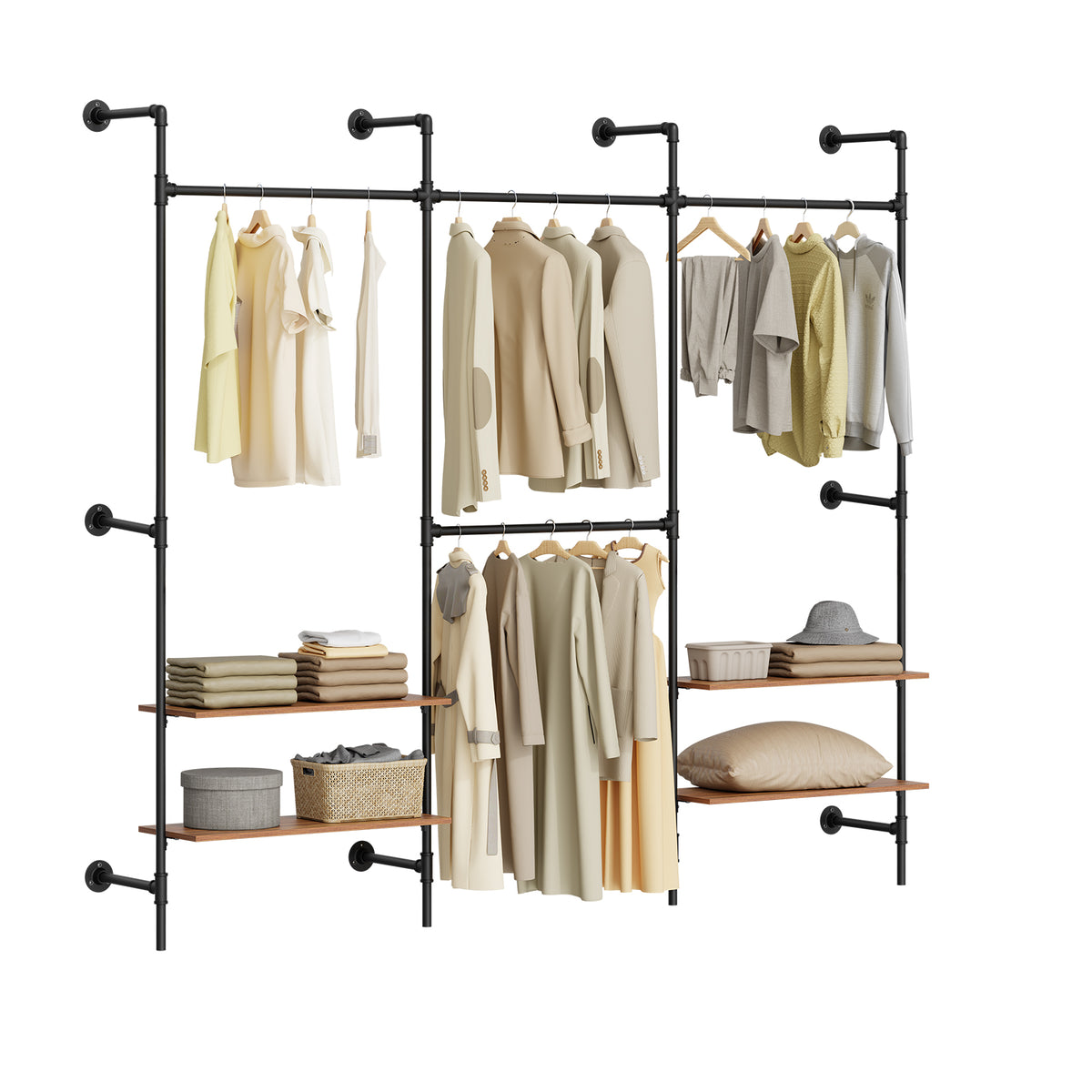 Pre-sale SoBuy KLS19-SCH, Wall-Mounted Clothes Rail, Clothes Rack Open Wardrobe with Fixed Pipe Design, 4 Hanging Rails & 4 Shelves, Heavy Duty Garment Rack Storage Organiser for Bedroom, Black 265x48x220 cm