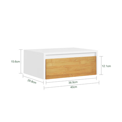 SoBuy FBT174-E-WN, Floating Bedside Table with Drawer & Magnetic Light for Bedroom | Wall Mounted Floating Shelf with Hidden Handle, Space Saving Living Room Storage, White & Natural, 40×30×16cm
