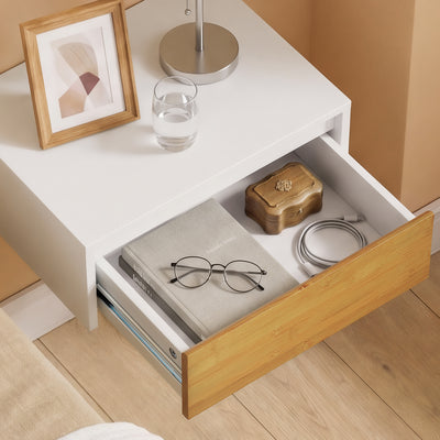 SoBuy FBT174-E-WN, Floating Bedside Table with Drawer & Magnetic Light for Bedroom | Wall Mounted Floating Shelf with Hidden Handle, Space Saving Living Room Storage, White & Natural, 40×30×16cm