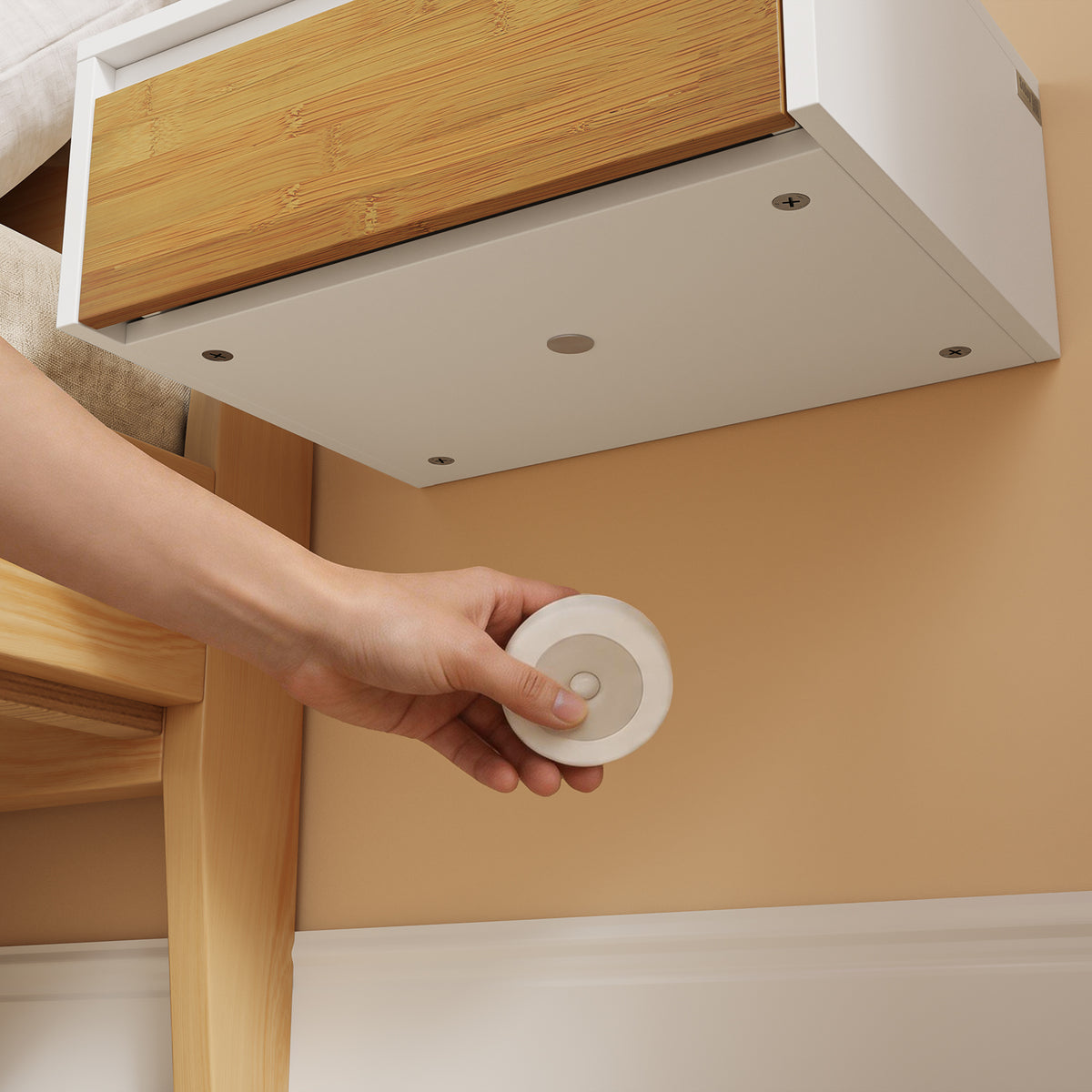 SoBuy FBT174-E-WN, Floating Bedside Table with Drawer & Magnetic Light for Bedroom | Wall Mounted Floating Shelf with Hidden Handle, Space Saving Living Room Storage, White & Natural, 40×30×16cm