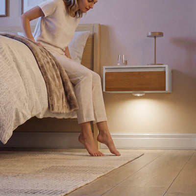 SoBuy FBT174-E-WN, Floating Bedside Table with Drawer & Magnetic Light for Bedroom | Wall Mounted Floating Shelf with Hidden Handle, Space Saving Living Room Storage, White & Natural, 40×30×16cm