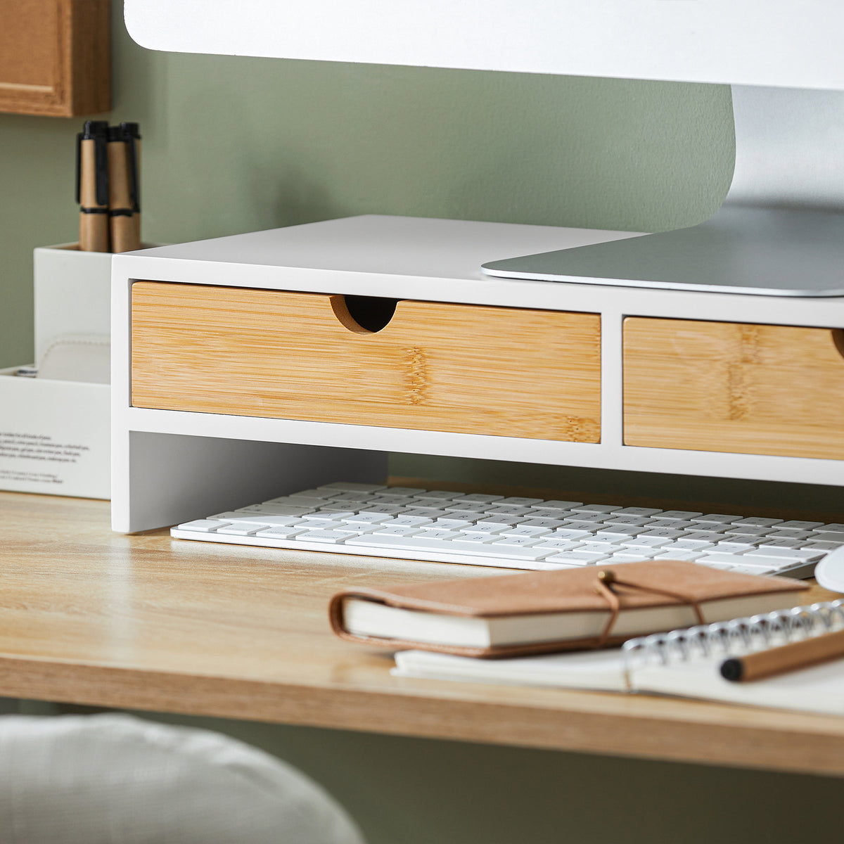 SoBuy BBF02-WN, Monitor Stand Computer Screen Monitor Stand Monitor Riser Desk Organizer with 2 Drawers, White