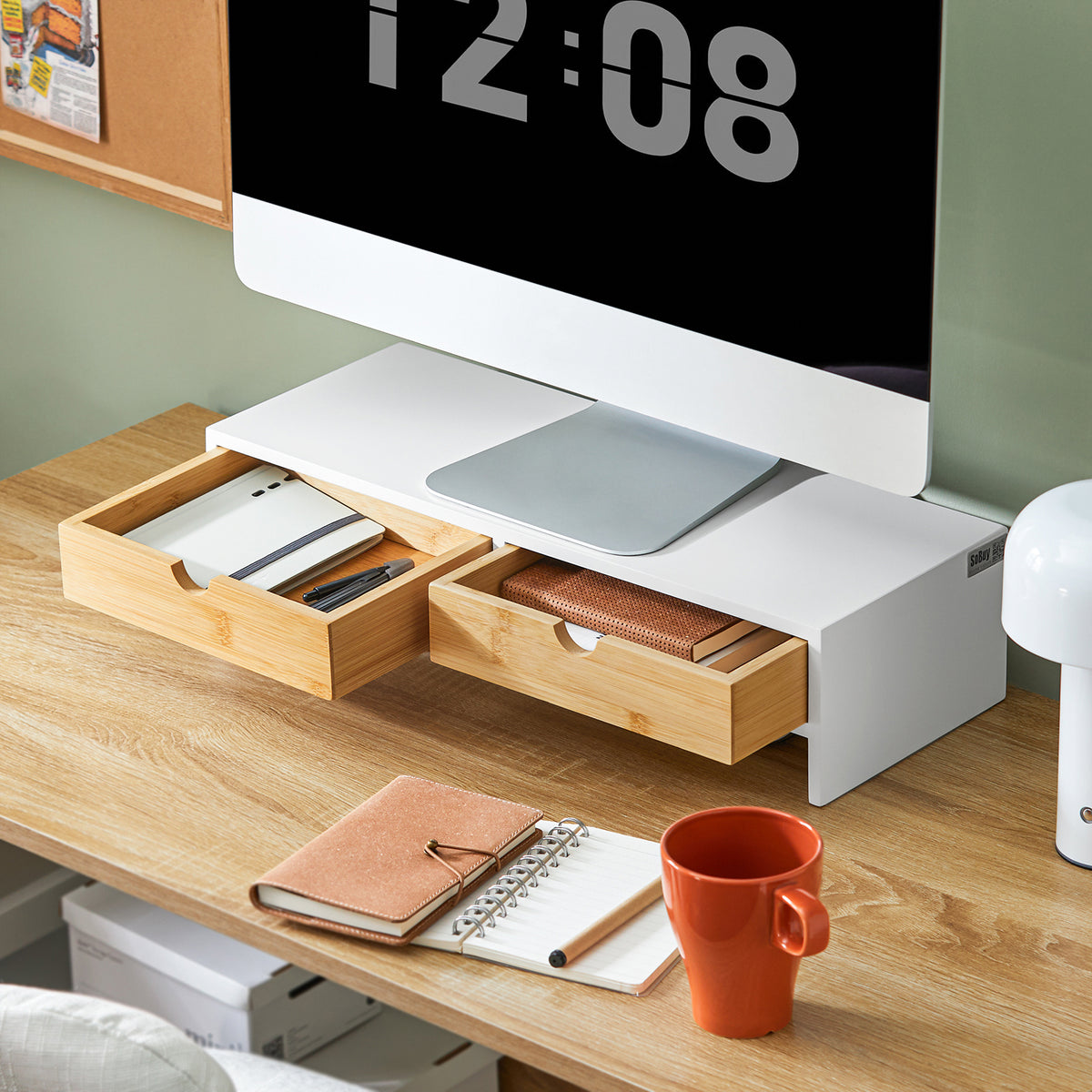 SoBuy BBF02-WN, Monitor Stand Computer Screen Monitor Stand Monitor Riser Desk Organizer with 2 Drawers, White