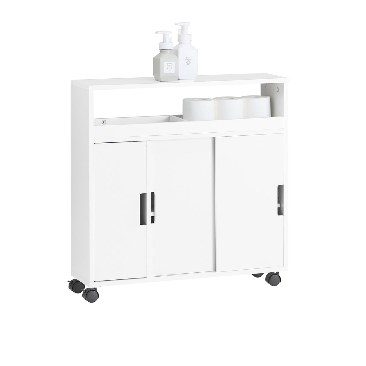 SoBuy BZR02-W, Bathroom Toilet Paper Roll Holder, Storage Cabinet Cupboard on Wheels, White