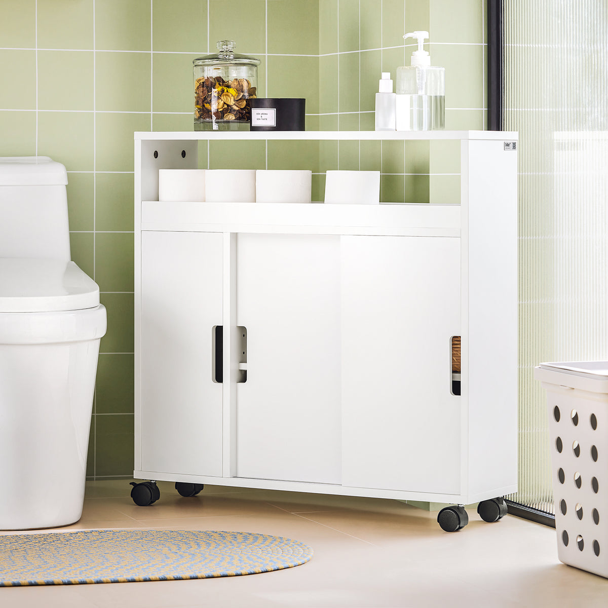 SoBuy BZR02-W, Bathroom Toilet Paper Roll Holder, Storage Cabinet Cupboard on Wheels, White