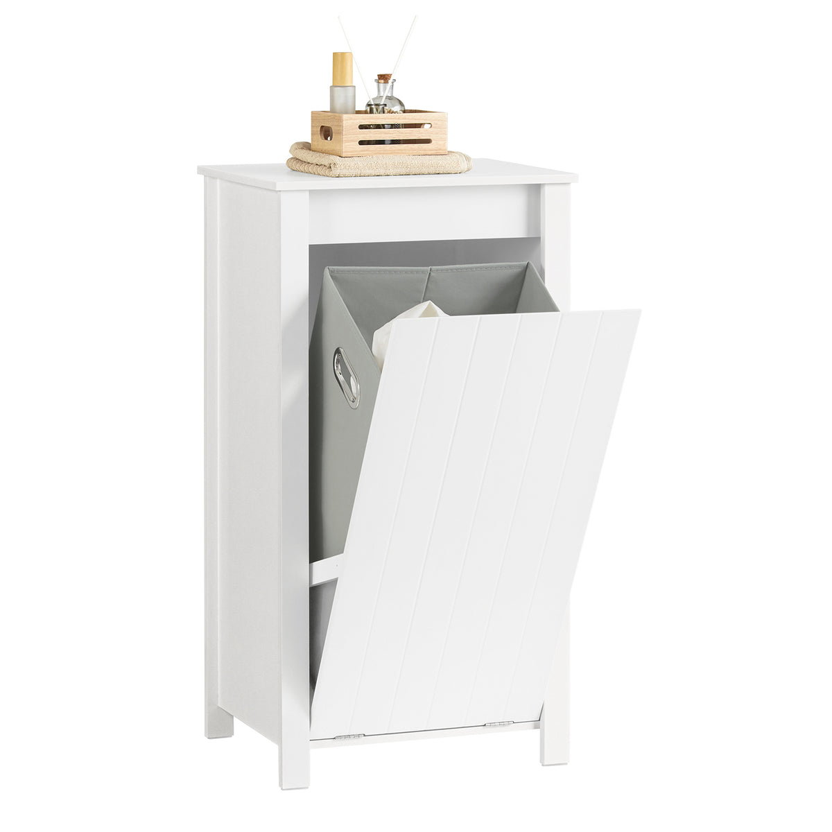 SoBuy BZR100-W white bathroom laundry cabinet with fold-out basket, white background