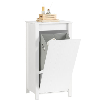 SoBuy BZR100-W white bathroom laundry cabinet with fold-out basket, white background