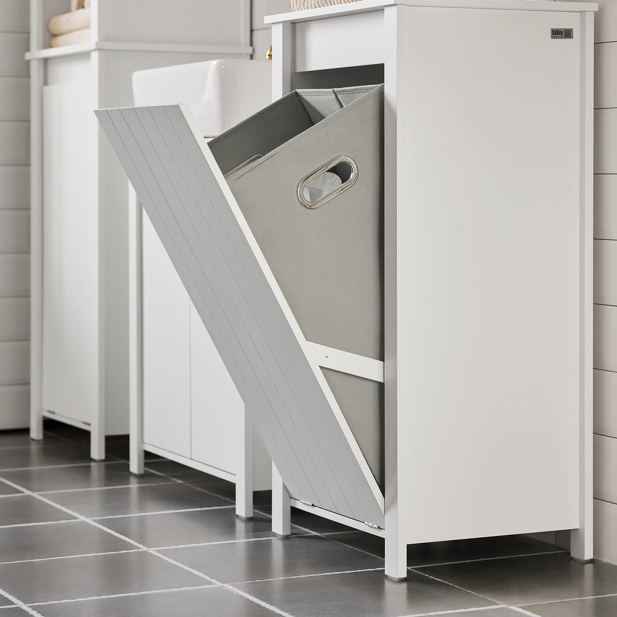 SoBuy BZR100-W fold-out laundry basket fully open showing grey fabric liner and carry handles
