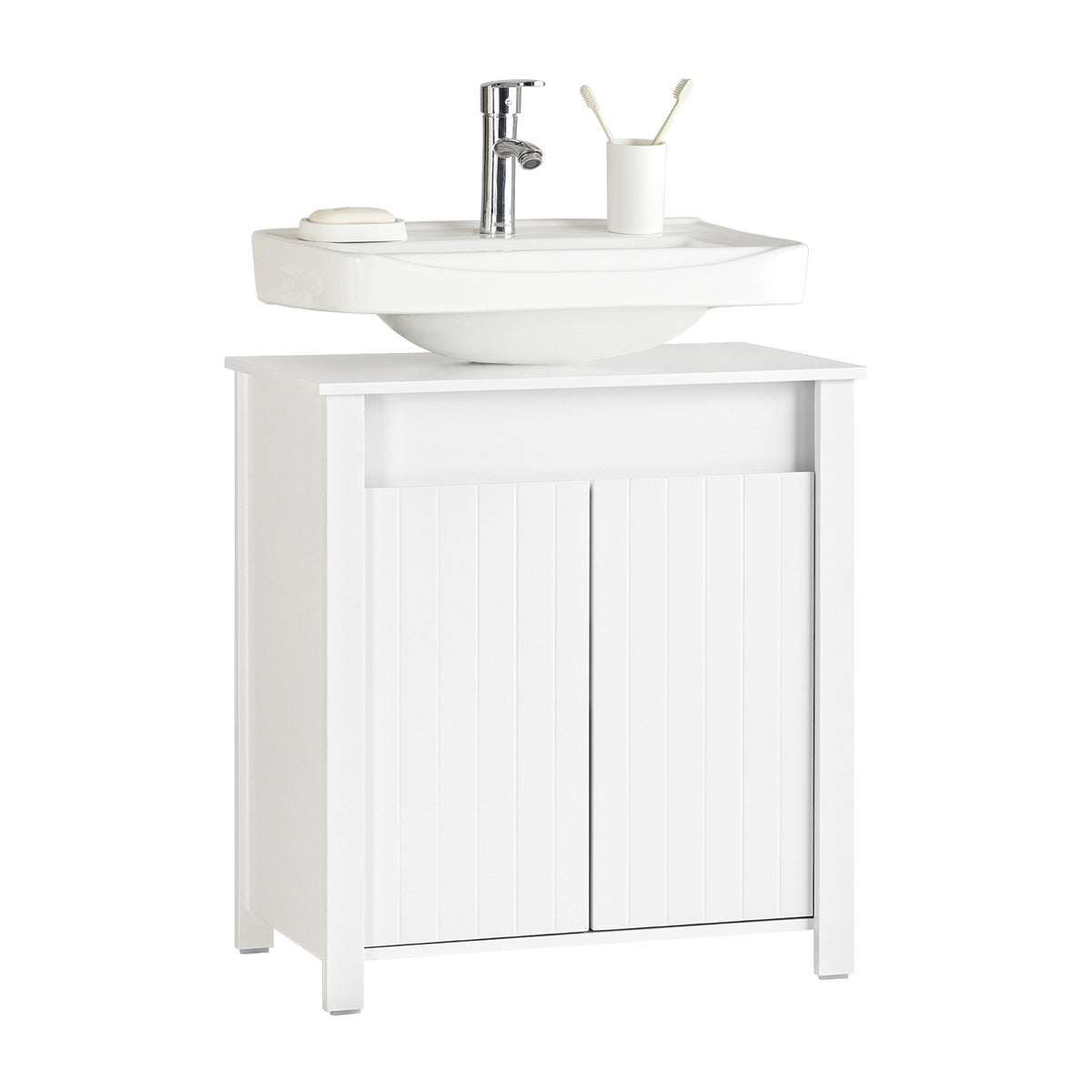 SoBuy BZR101-W, Bathroom Under Sink Cabinet – Compact Sink Cabinet with Doors, Adjustable Shelf & Pipe Cover – Small Bathroom Storage Unit, White, 60x66x34cm