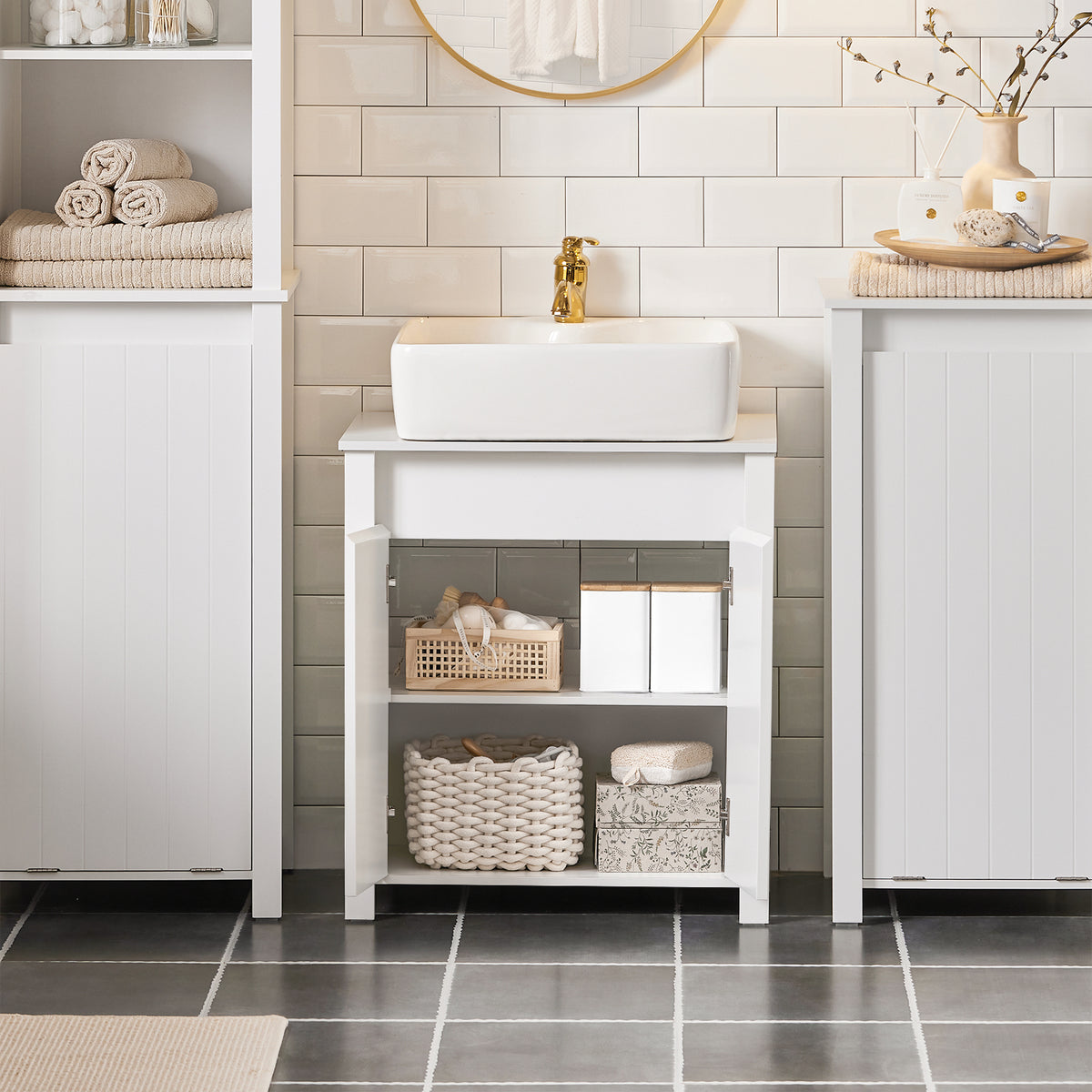 SoBuy BZR101-W, Bathroom Under Sink Cabinet – Compact Sink Cabinet with Doors, Adjustable Shelf & Pipe Cover – Small Bathroom Storage Unit, White, 60x66x34cm