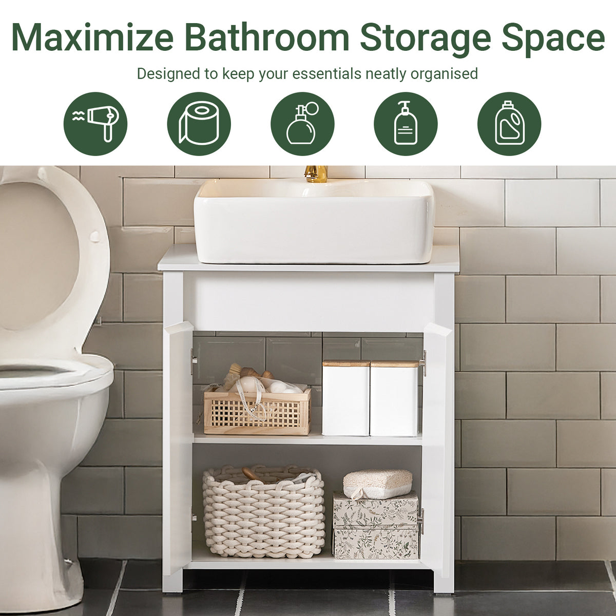 SoBuy BZR101-W, Bathroom Under Sink Cabinet – Compact Sink Cabinet with Doors, Adjustable Shelf & Pipe Cover – Small Bathroom Storage Unit, White, 60x66x34cm