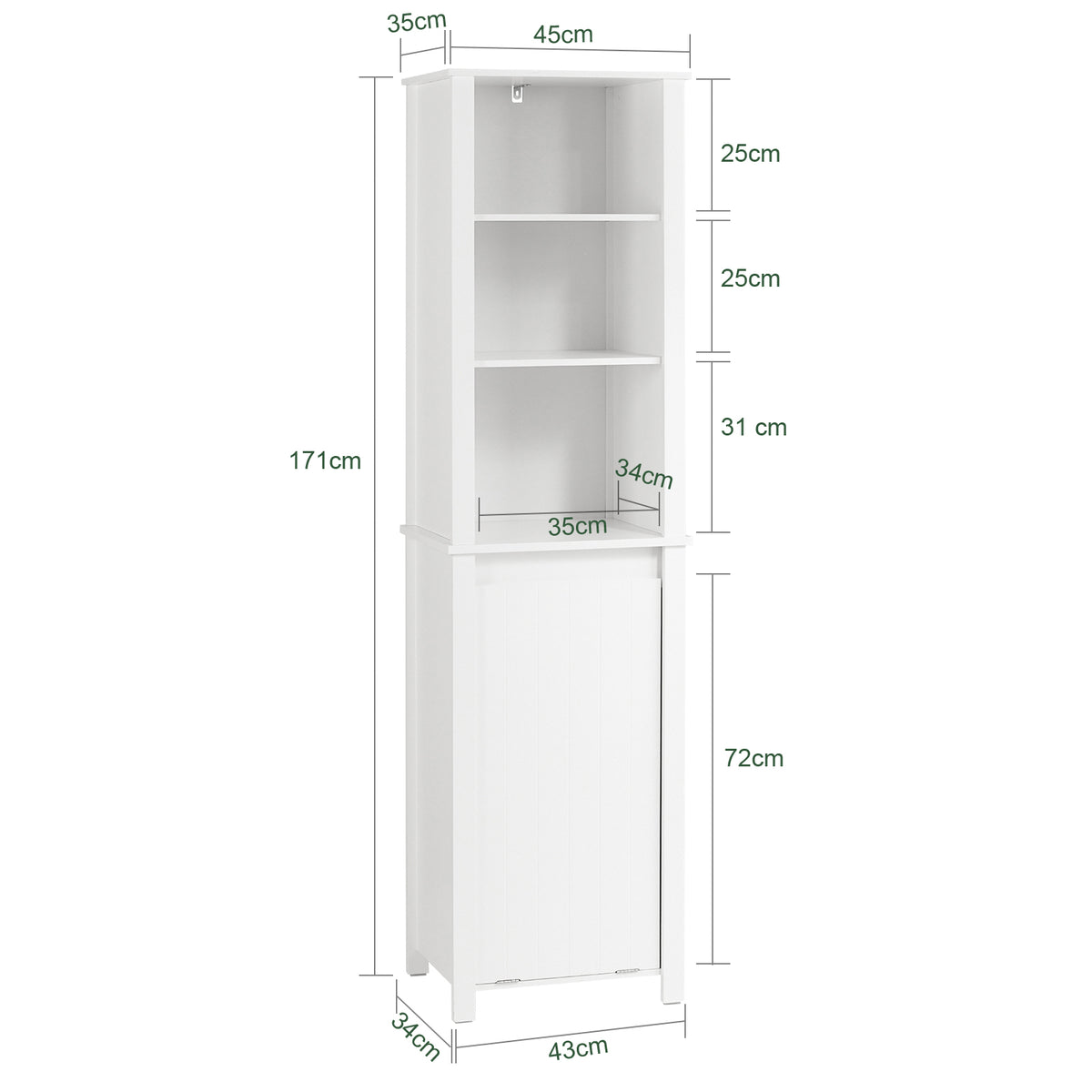 SoBuy BZR102-W, Bathroom Tall Cabinet with Laundry Basket – Narrow Bathroom Storage Cabinet with Folding Laundry Bag, Space-Saving Storage Cupboard in Wood, White, 45 x 171 x 35 cm