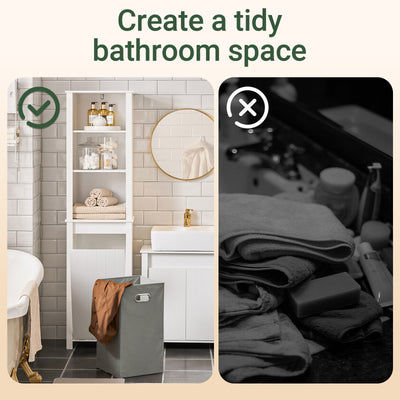 SoBuy BZR102-W, Bathroom Tall Cabinet with Laundry Basket – Narrow Bathroom Storage Cabinet with Folding Laundry Bag, Space-Saving Storage Cupboard in Wood, White, 45 x 171 x 35 cm