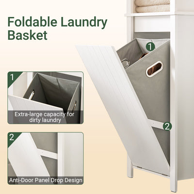 SoBuy BZR102-W, Bathroom Tall Cabinet with Laundry Basket – Narrow Bathroom Storage Cabinet with Folding Laundry Bag, Space-Saving Storage Cupboard in Wood, White, 45 x 171 x 35 cm