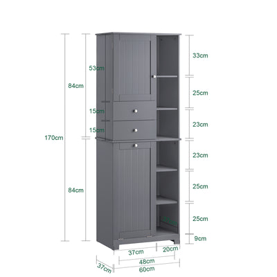 BZR104-DG dimensions infographic W60xD37xH170cm tall bathroom storage cabinet grey