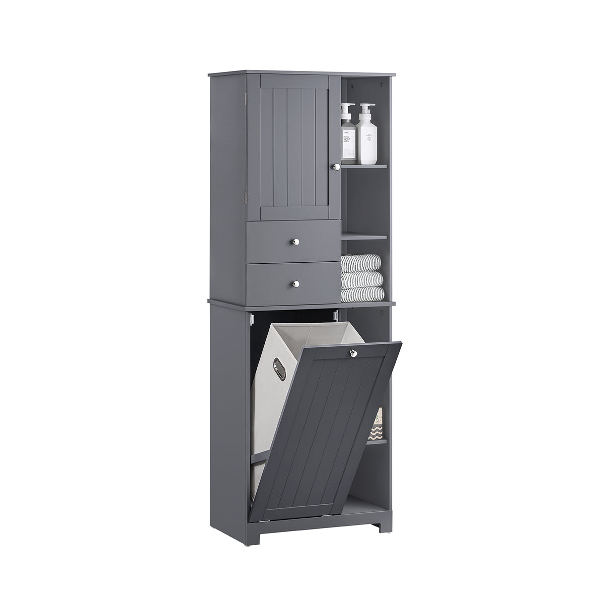 SoBuy BZR104-DG tall grey bathroom storage cabinet with laundry basket white background