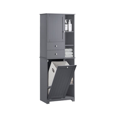 SoBuy BZR104-DG tall grey bathroom storage cabinet with laundry basket white background