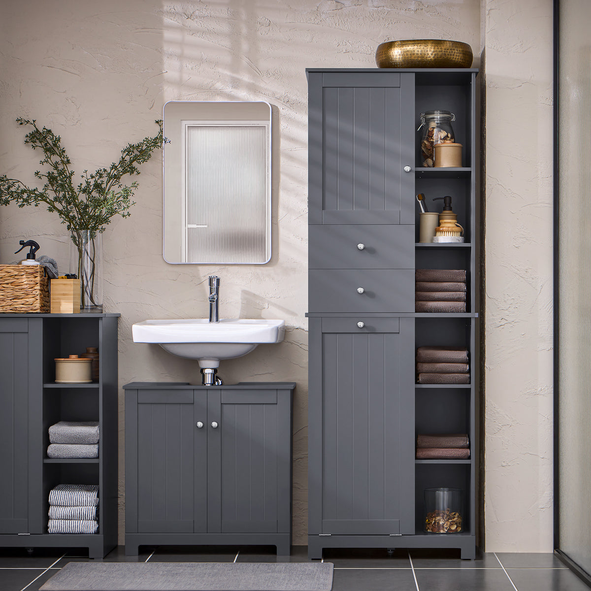 SoBuy BZR104-DG grey bathroom cabinet in use – slim storage unit in modern bathroom