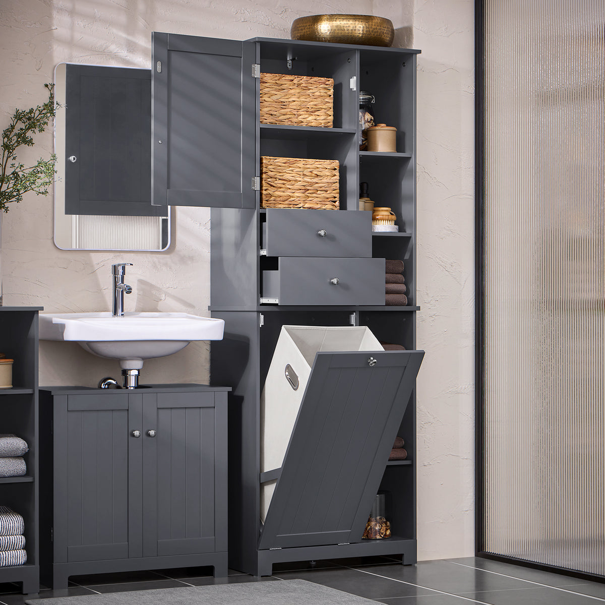 BZR104-DG tall bathroom cupboard with laundry basket styled in grey bathroom interior