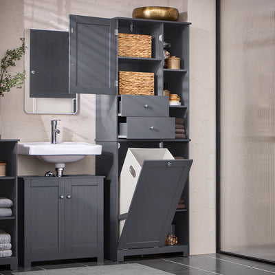 BZR104-DG tall bathroom cupboard with laundry basket styled in grey bathroom interior