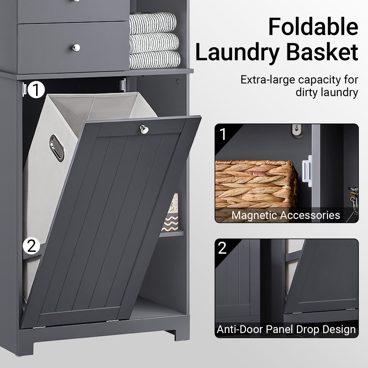 BZR104-DG removable laundry basket with carry handle – bathroom hamper cabinet