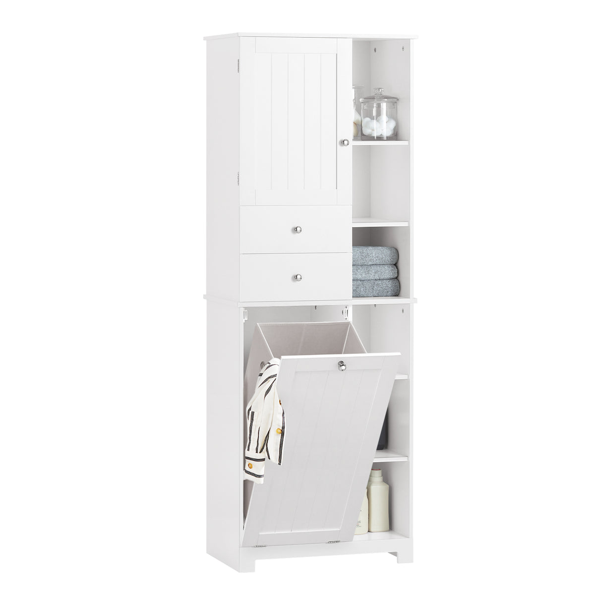 SoBuy BZR104-W, Tall Bathroom Storage Cabinet with Laundry Basket Slim Freestanding Bathroom Unit, Narrow Storage Cupboard with Shelves, Bathroom Towel Storage, White 60x37x171 cm