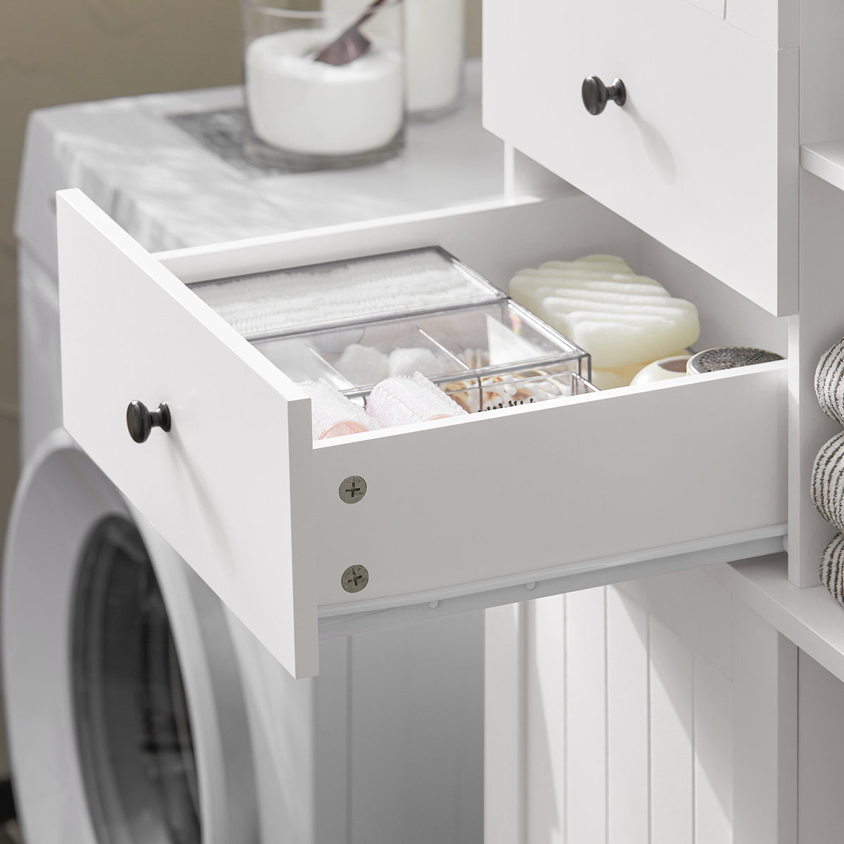 SoBuy BZR104-W, Tall Bathroom Storage Cabinet with Laundry Basket Slim Freestanding Bathroom Unit, Narrow Storage Cupboard with Shelves, Bathroom Towel Storage, White 60x37x171 cm