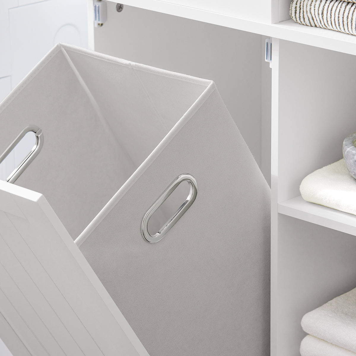 SoBuy BZR104-W, Tall Bathroom Storage Cabinet with Laundry Basket Slim Freestanding Bathroom Unit, Narrow Storage Cupboard with Shelves, Bathroom Towel Storage, White 60x37x171 cm