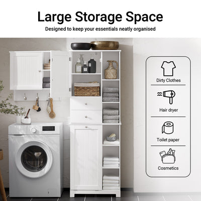 SoBuy BZR104-W, Tall Bathroom Storage Cabinet with Laundry Basket Slim Freestanding Bathroom Unit, Narrow Storage Cupboard with Shelves, Bathroom Towel Storage, White 60x37x171 cm