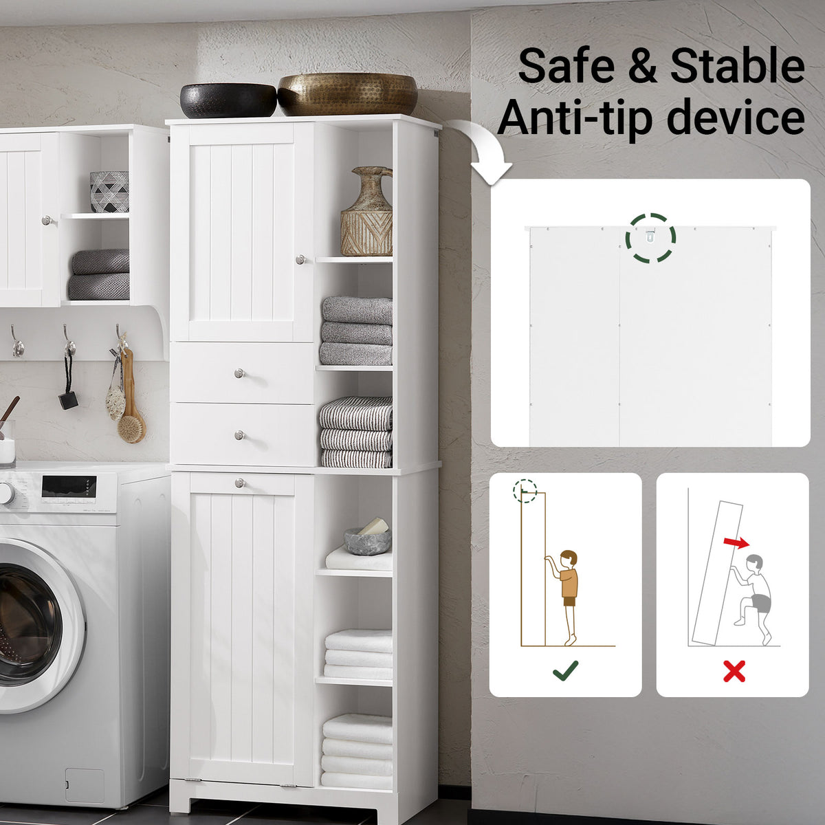 SoBuy BZR104-W, Tall Bathroom Storage Cabinet with Laundry Basket Slim Freestanding Bathroom Unit, Narrow Storage Cupboard with Shelves, Bathroom Towel Storage, White 60x37x171 cm